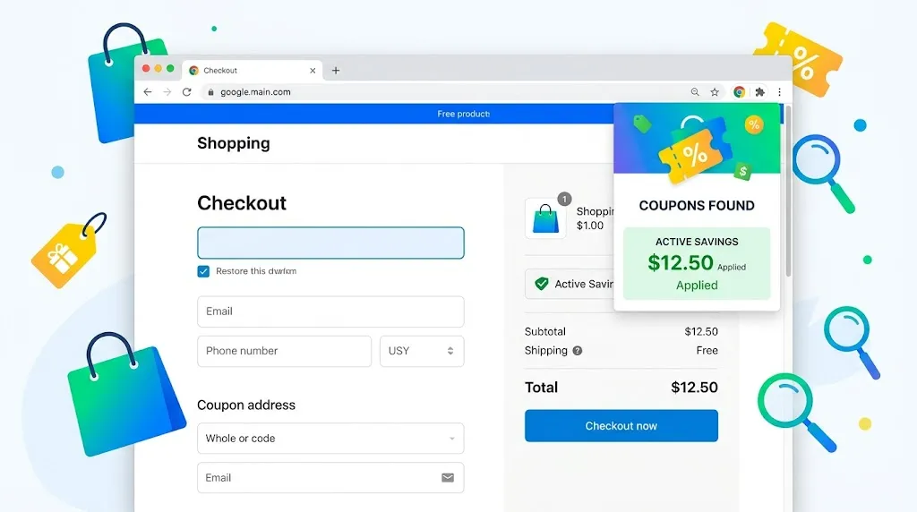 A shopper at a laptop checkout page with coupon offer icons floating above the screen